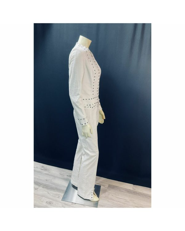 Vintage "Rare" 1990s Designer Alberto Makali; Stunning White Silver-Tone Stud Pant Suit