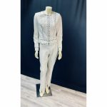 Vintage “Rare” 1990s Designer Alberto Makali; Stunning White Silver-Tone Stud Pant Suit