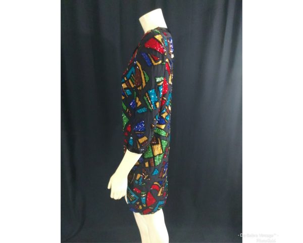 Vintage 1980s Oleg Cassini Silk Beaded Mosaic Multi Color Dress