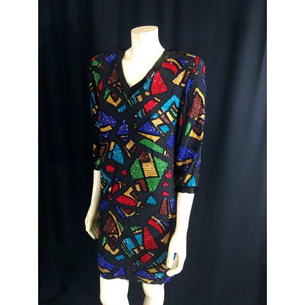 Vintage 1980s Oleg Cassini Silk Beaded Mosaic Multi Color Dress