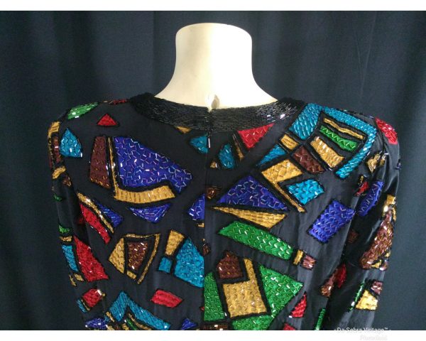 Vintage 1980s Oleg Cassini Silk Beaded Mosaic Multi Color Dress