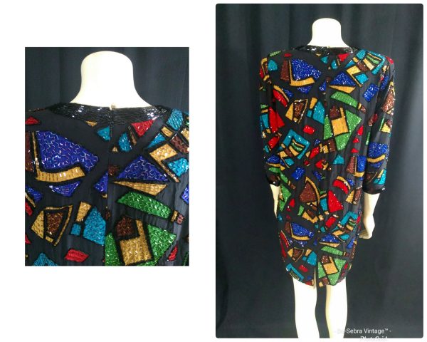 Vintage 1980s Oleg Cassini Silk Beaded Mosaic Multi Color Dress