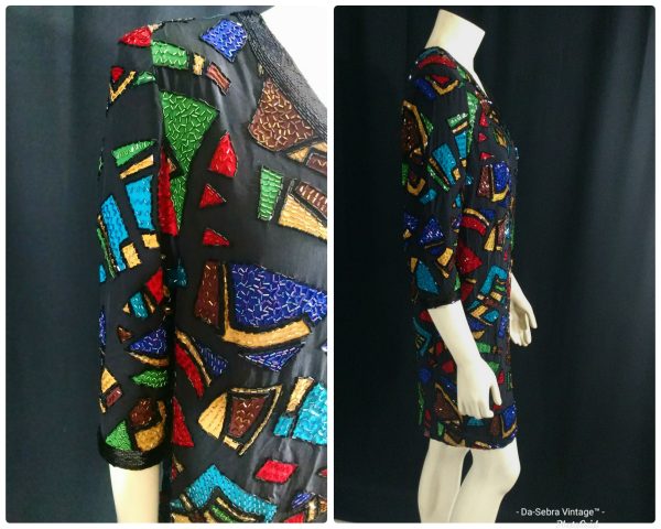 Vintage 1980s Oleg Cassini Silk Beaded Mosaic Multi Color Dress