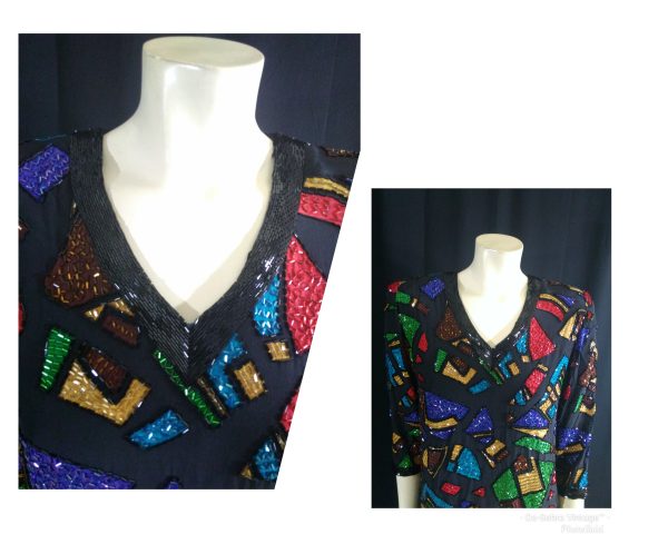 Vintage 1980s Oleg Cassini Silk Beaded Mosaic Multi Color Dress