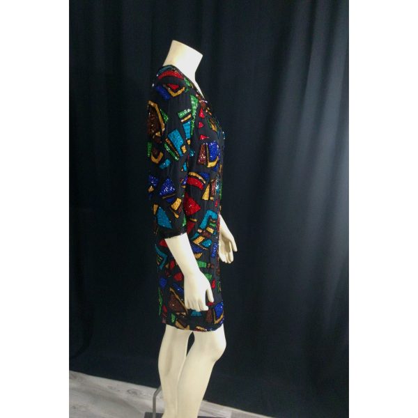 Vintage 1980s Oleg Cassini Silk Beaded Mosaic Multi Color Dress