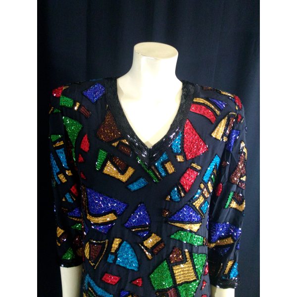 Vintage 1980s Oleg Cassini Silk Beaded Mosaic Multi Color Dress