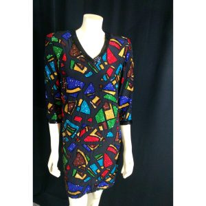 Vintage 1980s Oleg Cassini Beaded Dress Silk Beaded Dress Embellished Cocktail Dress Multi Color Beaded Dress