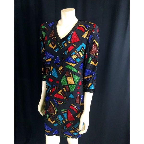 Vintage 1980s Oleg Cassini Silk Beaded Mosaic Multi Color Dress