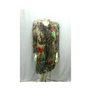 Woven Real Fox Fur Coat with added splash of color with Green and Red.