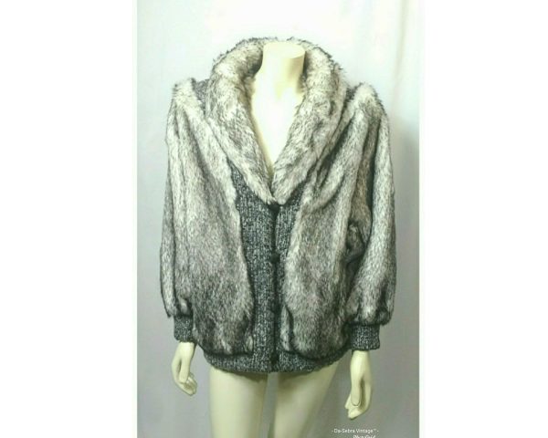 Vintage 1980s Bullocks Wilshire Faux Fur Knit Sweater Jacket